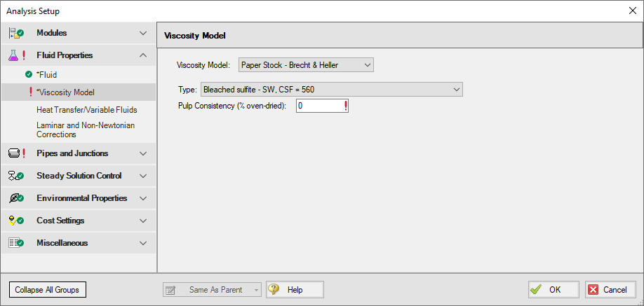 The Viscosity Model panel in Analysis Setup. Paper Stock - Brecht & Heller is chosen for the Viscosity Model, and the Type is set to Bleached sulfite - SW, CSF = 560.